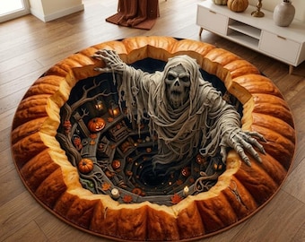 3D Illusion Round Rug, Spooky Halloween Pumpkin Floor Mat, Creepy Phantom Gothic Carpet, Optical Illusion Velvet Area Rug Home Decor
