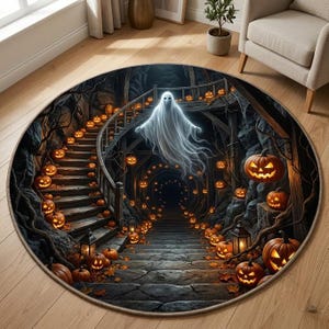 May include: A round area rug featuring a dark, atmospheric scene of a stone staircase winding through a cavernous space. A translucent white ghost floats above the stairs, which are illuminated by numerous glowing orange jack-o'-lanterns.