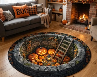 3D Illusion Round Rug, Halloween Pumpkin Well Carpet, Velvet Optical Illusion Floor Mat, Spooky Fall Living Room Decor, Cozy Autumn Rug