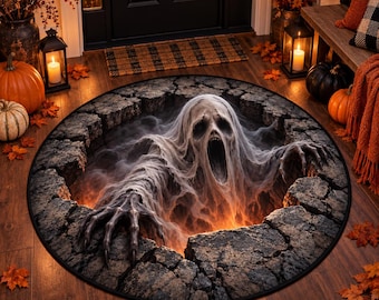 Halloween 3D Illusion Rug, Ghost Pit Round Area Rug, Spooky Screaming Skull Mat, Creepy Horror Floor Carpet, Gothic Halloween Home Decor