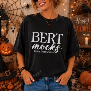Comfort Colors 1717 Black Halloween Shirt Mockup, Fall CC 1717 T-Shirt Photo, Trendy Lifestyle Model JPG Image, Garment Dyed Tee Front View