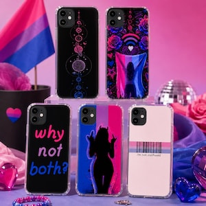 May include: Five clear smartphone cases featuring diverse designs: a vertical planetary alignment, a figure holding a bisexual flag with roses, the text why not both?, a silhouette with horns, and a barcode with the text i'm not confused.