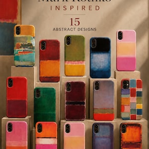 Könnte beinhalten: Eine Sammlung von fünfzehn Smartphone-Hüllen mit abstrakten Designs, inspiriert von Mark Rothko. Jede Hülle zeigt unterschiedliche Farbmuster in verschiedenen Tönen wie Rot, Orange, Grün, Blau, Pink und Gelb, inklusive Kameraaussparungen.
