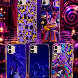 May include: Five clear phone cases featuring The Amazing Digital Circus characters. Designs include a purple rabbit pattern, a central purple rabbit figure, a jester character in a blue scene, a dark landscape with two figures, and a colorful jester graphic.