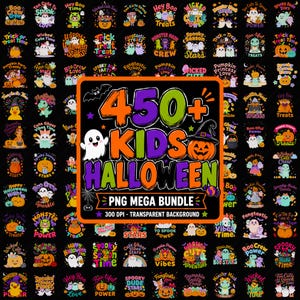 Könnte beinhalten: Eine digitale Sammlung von über 450 Halloween-Grafikdesigns für Kinder mit bunten Illustrationen von Geistern, Kürbissen und Fledermäusen sowie dem Text 450+ KIDS HALLOWEEN PNG MEGA BUNDLE, 300 DPI und TRANSPARENT BACKGROUND.