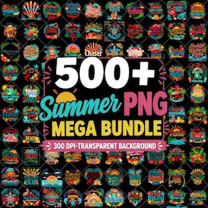May include: A digital collection of over 500 summer-themed PNG graphic designs featuring tropical motifs, palm trees, flamingos, and beach elements. The central text reads 500+ Summer PNG MEGA BUNDLE 300 DPI-TRANSPARENT BACKGROUND in bold white and yellow.