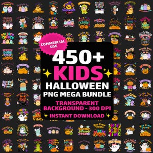 Pode incluir: Uma coleção digital de mais de 450 designs gráficos com tema de Halloween para crianças, com ilustrações coloridas de fantasmas, abóboras e monstros. A placa central preta exibe o texto 450+ KIDS HALLOWEEN PNG MEGA BUNDLE.