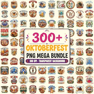 May include: A digital collection of over 300 Oktoberfest-themed graphic designs featuring beer steins, pretzels, pumpkins, and festive characters. The central text reads 300+ OKTOBERFEST PNG MEGA BUNDLE 300 DPI - TRANSPARENT BACKGROUND in bold lettering.