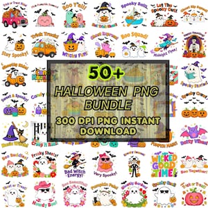 Può includere: Una collezione digitale di oltre 50 grafiche PNG a tema Halloween con fantasmi, zucche, streghe, scheletri e pipistrelli in stile cartoon, accompagnate da frasi festive come Boo Y'all e Trick or Treat, in uno stile molto colorato.