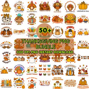 Op de afbeelding: Een digitale collectie van meer dan 50 Thanksgiving-thema illustraties met kalkoenen, pompoenen, spoken en herfstbladeren, voorzien van diverse teksten zoals Harvest & Thanks, Spooky Thanks en Blessed Autumn in een PNG-bundel.