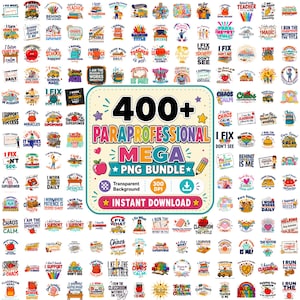 May include: A digital collection of over 400 colorful graphic designs featuring school-themed illustrations and text such as 400+ PARAPROFESSIONAL MEGA PNG BUNDLE, including apples, pencils, and classroom motifs for educational projects.