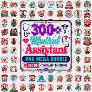 Op de afbeelding: Een digitale collectie van 300+ medische assistent PNG-ontwerpen met diverse medische illustraties, stethoscopen, harten en medisch personeel, met de tekst 300+ Medical Assistant PNG MEGA BUNDLE 300 DPI.