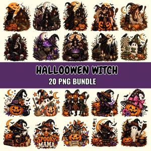 May include: A digital collection of twenty Halloween-themed illustrations featuring witches, ghosts, black cats, pumpkins, and jack-o'-lanterns. The graphics include text reading HALLOWEEN WITCH 20 PNG BUNDLE and SPOOKY MAMA, displayed in a grid format.