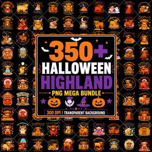 Può includere: Una collezione digitale di oltre 350 illustrazioni di mucche Highland a tema Halloween con vari disegni festivi, zucche e pipistrelli. Il testo centrale recita 350+ HALLOWEEN HIGHLAND PNG MEGA BUNDLE 300 DPI | TRANSPARENT BACKGROUND.