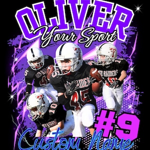 May include: A graphic design featuring three football players in black and red uniforms with white helmets. The text OLIVER, Your Sport, and #9 are displayed in purple and blue. The background includes purple lightning and star accents.
