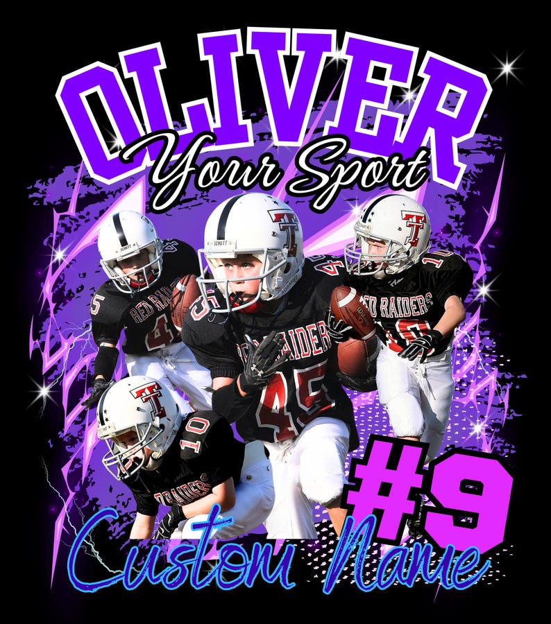 May include: A graphic design featuring three football players in black and red uniforms with white helmets. The text OLIVER, Your Sport, and #9 are displayed in purple and blue. The background includes purple lightning and star accents.