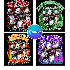 May include: Four digital graphic designs featuring American football players in helmets and uniforms. Each design includes text like OLIVER, LIVINGNIFTY, MICHEL, Your Sport, and Custom Name, with vibrant red, green, orange, and purple lightning or fire backgrounds.