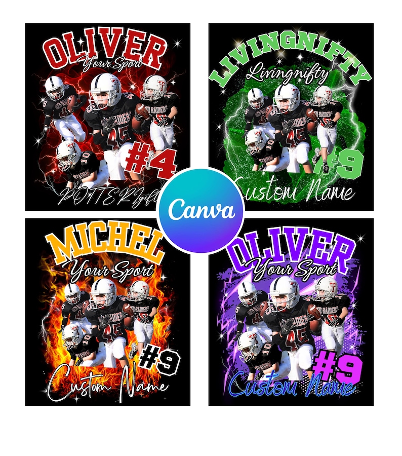 May include: Four digital graphic designs featuring American football players in helmets and uniforms. Each design includes text like OLIVER, LIVINGNIFTY, MICHEL, Your Sport, and Custom Name, with vibrant red, green, orange, and purple lightning or fire backgrounds.