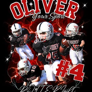 May include: A graphic design featuring four football players in black and red uniforms with white helmets, set against a black background with red lightning effects. The text reads OLIVER, Your Sport, and #4, with POTTERIgift at the bottom.