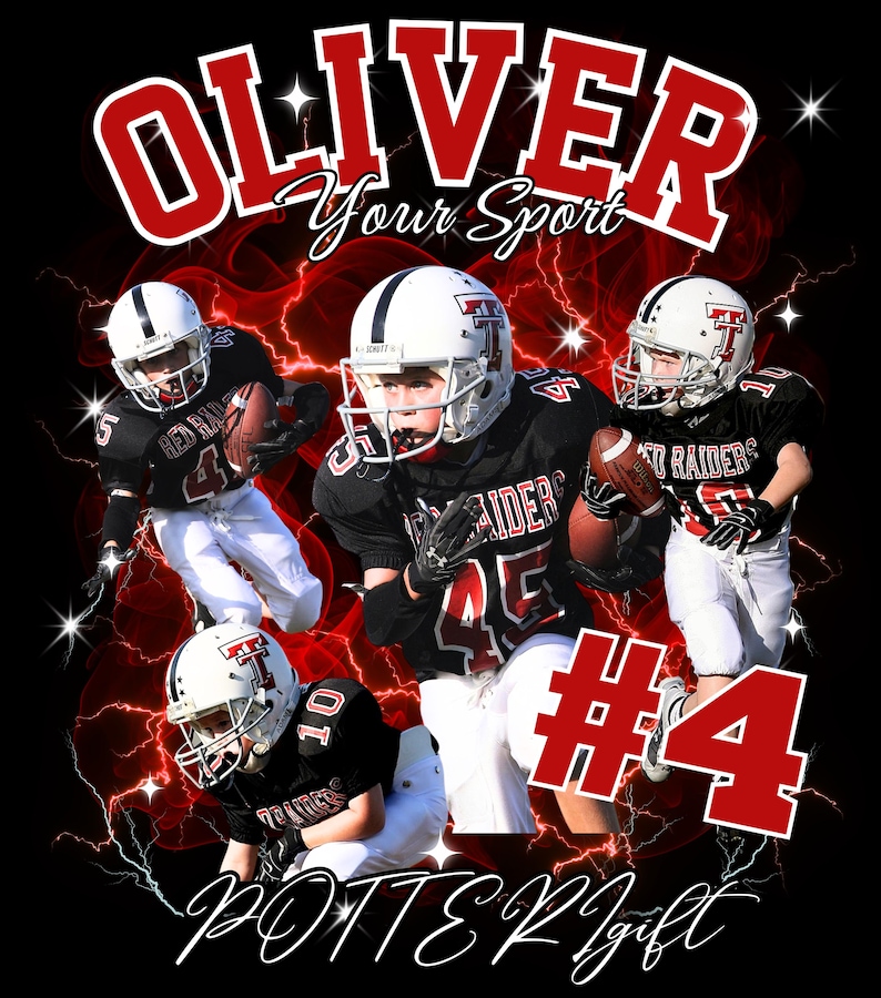 May include: A graphic design featuring four football players in black and red uniforms with white helmets, set against a black background with red lightning effects. The text reads OLIVER, Your Sport, and #4, with POTTERIgift at the bottom.