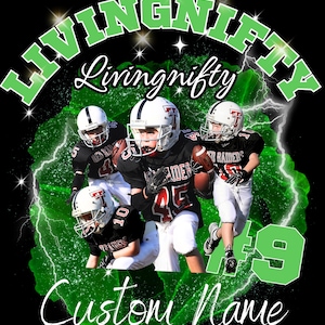 May include: A graphic design featuring three football players in black and red uniforms with white helmets, set against a green lightning background. The text "LIVINGNIFTY" appears in large green letters at the top, with "Custom Name" at the bottom.