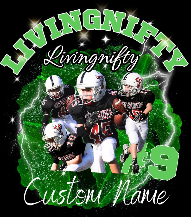 May include: A graphic design featuring three football players in black and red uniforms with white helmets, set against a green lightning background. The text "LIVINGNIFTY" appears in large green letters at the top, with "Custom Name" at the bottom.