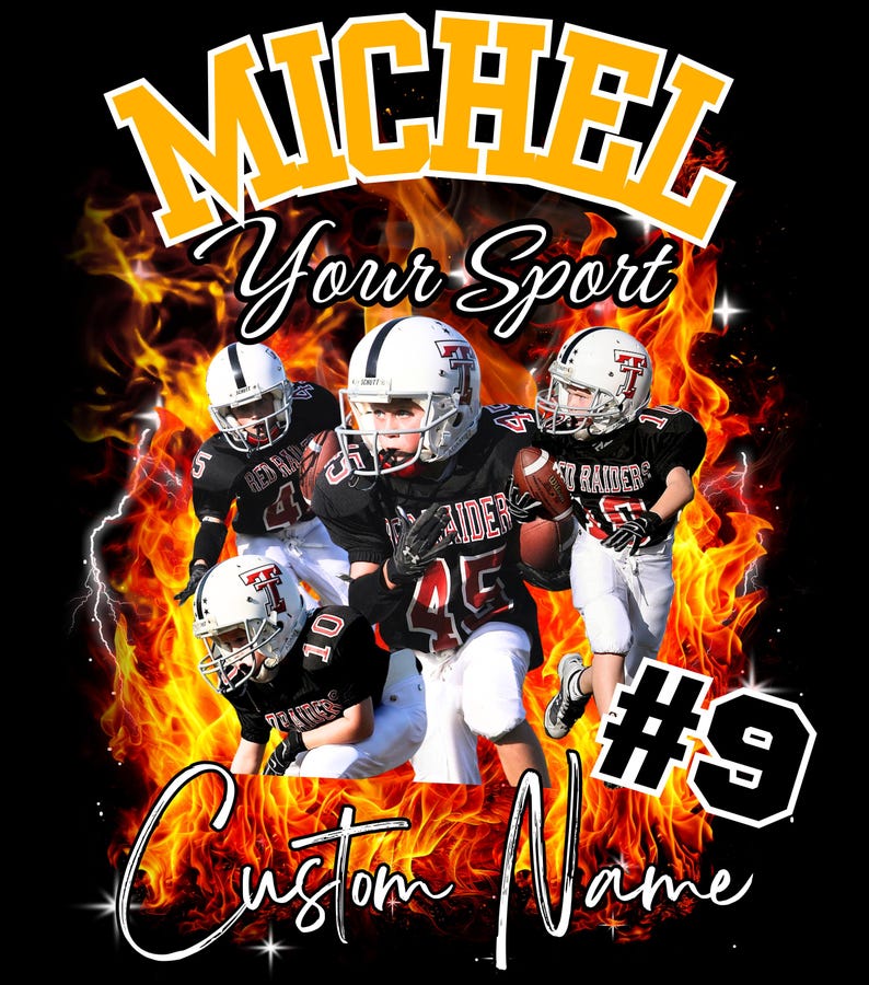 May include: A graphic design featuring four football players in black and red uniforms with white helmets against a background of orange and yellow flames. The text reads MICHEL, Your Sport, and #9 Custom Name in bold yellow and white lettering.