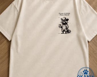 Raccoon Coffee Graphic Tee, Western Animal Gift, Vintage Washed Oversized T-Shirt, Unisex Cowboy Streetwear