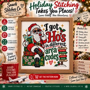 May include: A framed cross stitch pattern featuring Santa Claus wearing sunglasses and holding a phone while sitting on luggage. The text reads I got Ho's in different area codes with a signpost listing cities like North Pole and New York.