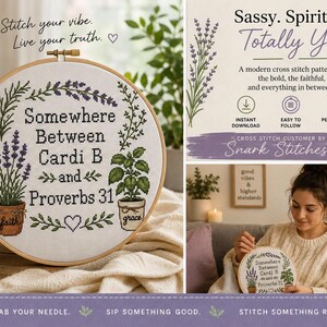 Könnte beinhalten: Ein runder Stickrahmen aus Holz mit einem Kreuzstichmuster und dem Text 'Somewhere Between Cardi B and Proverbs 31'. Das Design zeigt Lavendel und grüne Topfpflanzen, wobei auf den Töpfen die Wörter 'faith' und 'grace' stehen.