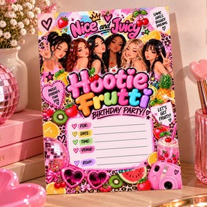 K-Pop Birthday Invitation, Hootie Frutti Pink Y2K Party, Fruity A5 Printable PDF