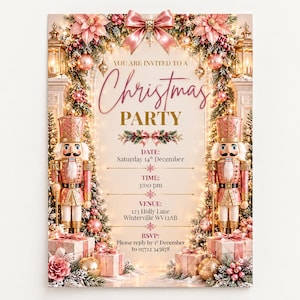 Könnte beinhalten: Eine Weihnachtsparty-Einladungskarte mit zwei rosafarbenen Nussknackern, die den Text YOU ARE INVITED TO A Christmas PARTY, DATE: Saturday 14th December, TIME: 3:00 pm, VENUE: 123 Holly Lane Winterville WV12AB, RSVP: Please reply by 1st December to 07712 345678 umrahmen.