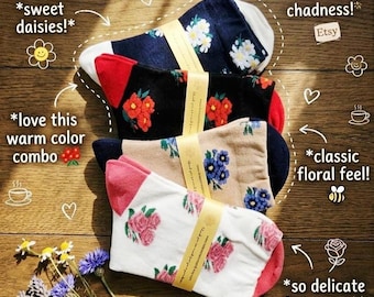 Meias retrô com estampa floral | Meias cano médio leves | Meias para tênis | Meias florais fofas | Meias com margaridas | Meias para todas as estações | Meias divertidas