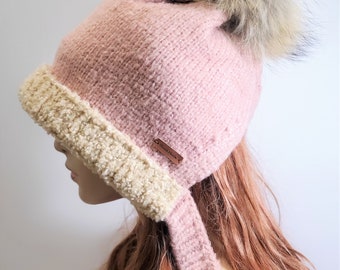 Cute Beanie/ Women Hat with Fur Pom Pom /Hood Hat/ 2 Colors Button Winter Hat/ Thick Fuzzy Plush Hat / Student Hat