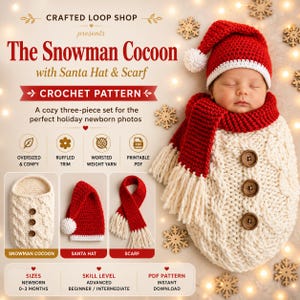 Op de afbeelding: Een haakpatroon voor een sneeuwpop-cocoon, kerstmuts en sjaal. De tekst luidt Crafted Loop Shop, The Snowman Cocoon with Santa Hat & Scarf, Crochet Pattern. De set bevat een witte kabelgebreide cocoon met drie bruine knopen.