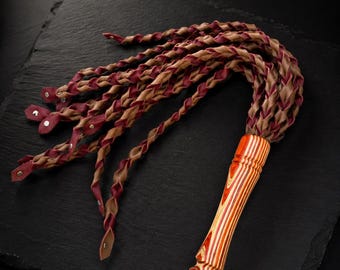 Handmade Leather Braided Flogger | 10 Tails Cowhide Rustic Wooden Handle whip for BDSM