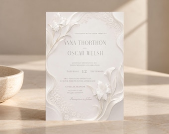Embossed Floral Wedding Invitation Template, Ivory Romantic Lily Design (Digital Download)