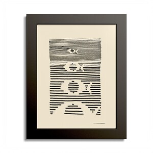 May include: A framed print featuring a cream-colored background with horizontal black lines that form the letters of the word OX. The text is repeated vertically in a stacked arrangement, enclosed within a simple, solid black rectangular frame.