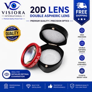 Puede incluir: Una lente asférica doble 20D con un borde de metal rojo que presenta el texto VISIORA 20D, acompañada de un estuche de almacenamiento negro abierto con un interior de espuma blanca. Lente diseñada para uso oftalmológico profesional.
