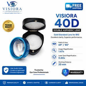 May include: A Visiora 40D double aspheric lens with a blue rim and a black storage case. The text reads Visiora 40D Double Aspheric Lens, Gold Standard Lens for BIO, Field of View 69/90 degrees, Image Magnification 1.67x, Laser Spot Magnification 0.60x, and Working Distance 20 mm.