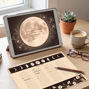 May include: A digital tablet displaying a moon phase mood and energy chart with floral illustrations, alongside a printed January calendar sheet featuring moon phases, a brown pen, a succulent in a pot, a coffee mug, and tortoise shell glasses.