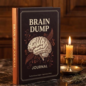 May include: A black hardcover journal with a copper-colored spine and the text BRAIN DUMP JOURNAL. The front cover features a detailed illustration of a human brain surrounded by botanical elements and the text The Brain Dump Designs - Apothecary Edition.