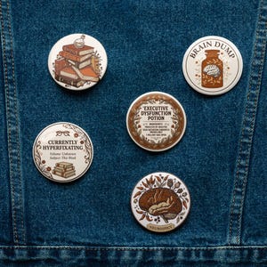 ADHD Pin Set, 5 Button Pins, Neurospicy, Executive Dysfunction, Brain Dump, Hyperfixating, Book Stack, Mental Health, Vintage Apothecary