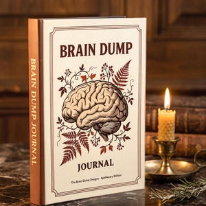 May include: A hardcover journal with a cream-colored cover featuring the text BRAIN DUMP JOURNAL and The Brain Dump Designs - Apothecary Edition. The cover displays a detailed brown illustration of a human brain surrounded by botanical fern leaves.