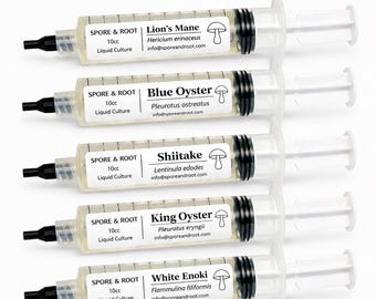 May include: Five clear plastic 10ml liquid culture syringes labelled Spore & Root. Each syringe contains a light-coloured liquid and features a white label with the mushroom variety name, scientific name, and a small mushroom icon illustration.