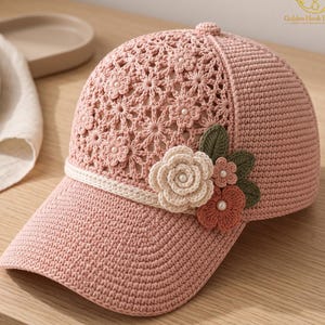 Floral Crochet Baseball Cap Pattern PDF, Blush Lace Hat with Interchangeable Flowers
