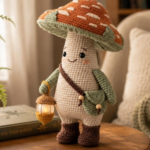 Mushroom Crochet Pattern PDF, Woodland Amigurumi Doll with Lantern and Leaf Satchel
