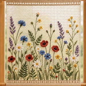 Mönster för virkad gardin med vildblommor i PDF-format, botanisk fönsterpanel