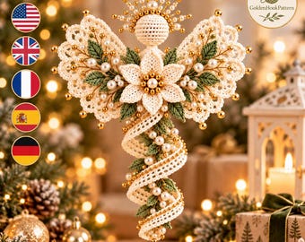 Crochet Angel Ornament Pattern PDF, Golden Grace Christmas Angel with Lace Wings, Pearl Beads, Spiral Tail and Holiday Decor