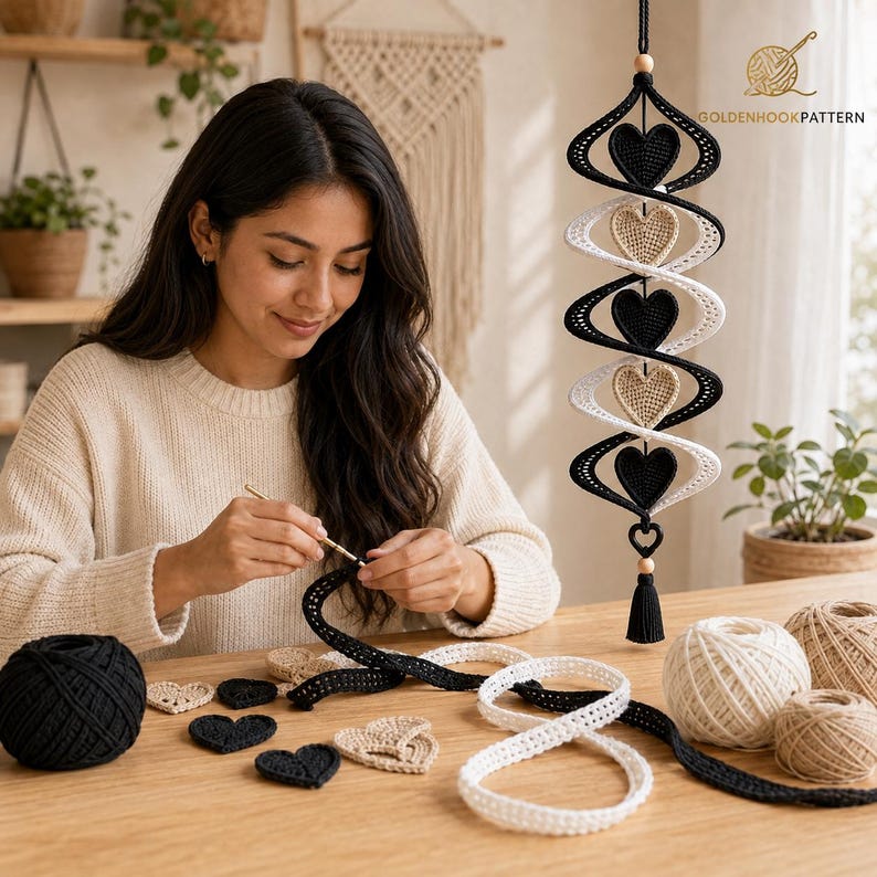 May include: A vertical hanging mobile featuring alternating black and beige crocheted hearts connected by a spiral structure. The piece includes a black tassel at the bottom and a wooden bead at the top. Text reads GOLDENHOOKPATTERN.